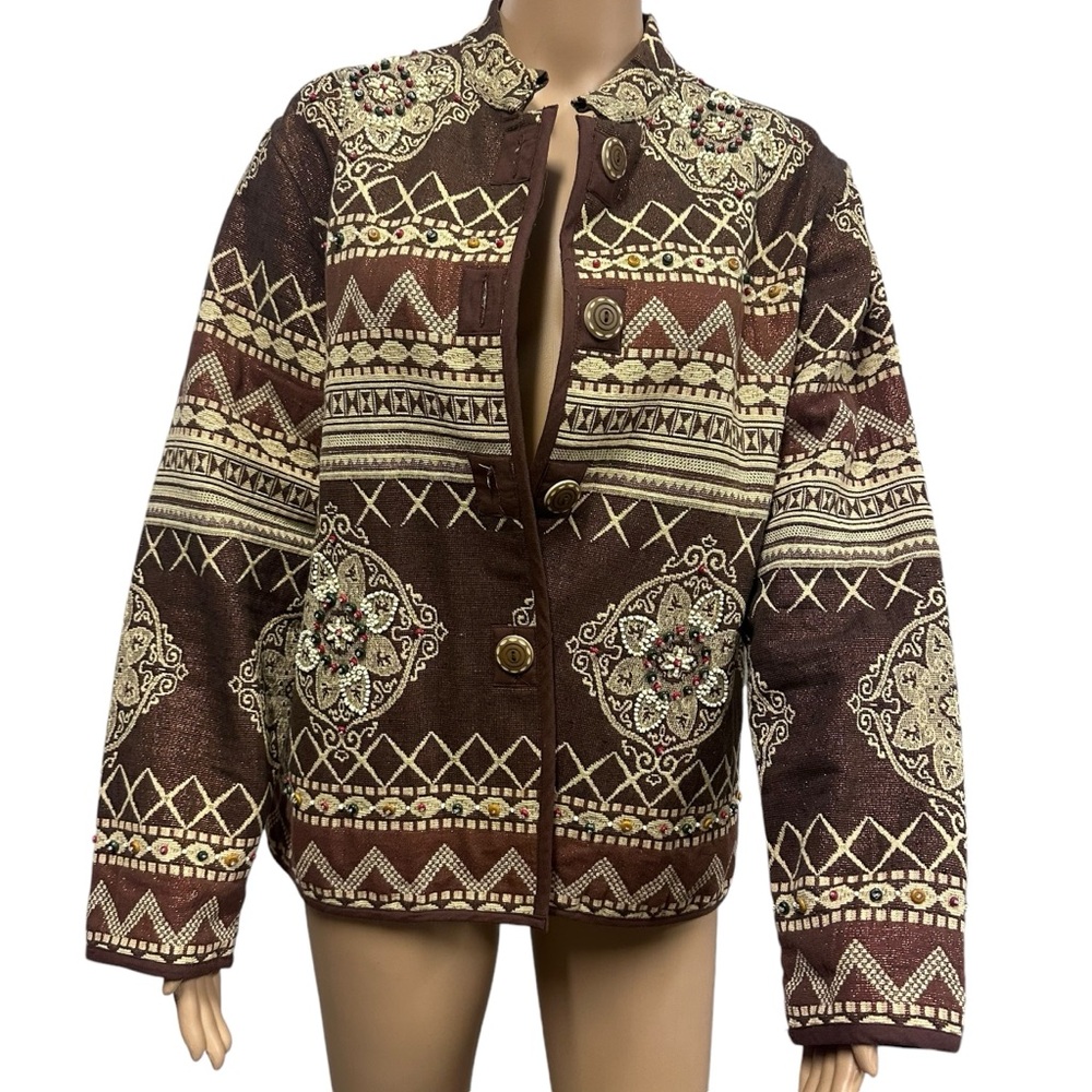 Vintage Flashback Brown Bronze Tapestry Print with Beads Button Up Jacket Large